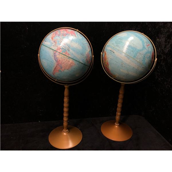 Two World Globes w/ metal on wood pedestal stands