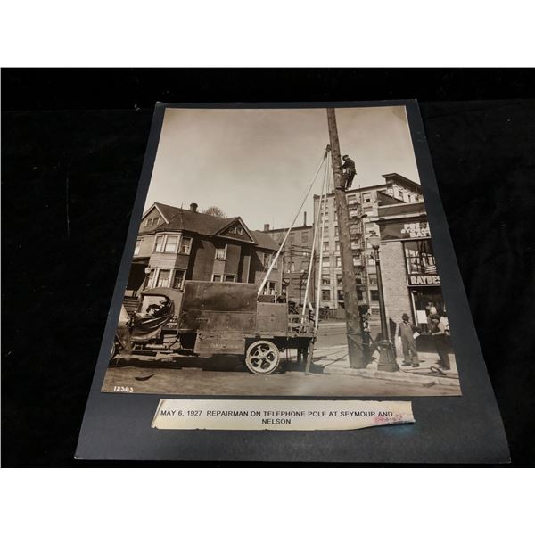 Nostalgic black & white photo print May 6, 1927 repair man on telephone pole at Seymour & Nelson (19