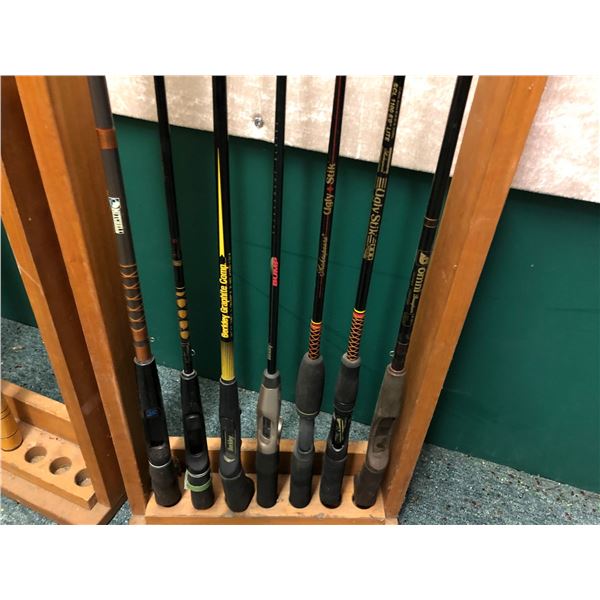 Group of 7 assorted bait casting rods - good usable rods (wooden stand not included)