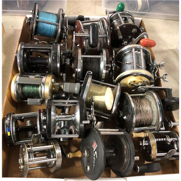 Box of 14 level wind fishing reels (assorted brands)