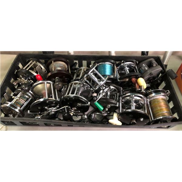 Box of 13 level wind fishing reels (assorted brands)