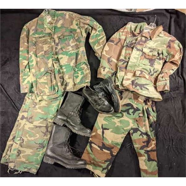 Two woodland camouflage American jackets and pants and size 10.5 boots and size 9 booths