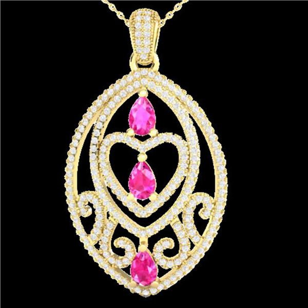 3.50 ctw Pink Sapphire & Micro Diamond Heart Necklace 18k Yellow Gold - REF-218H2R