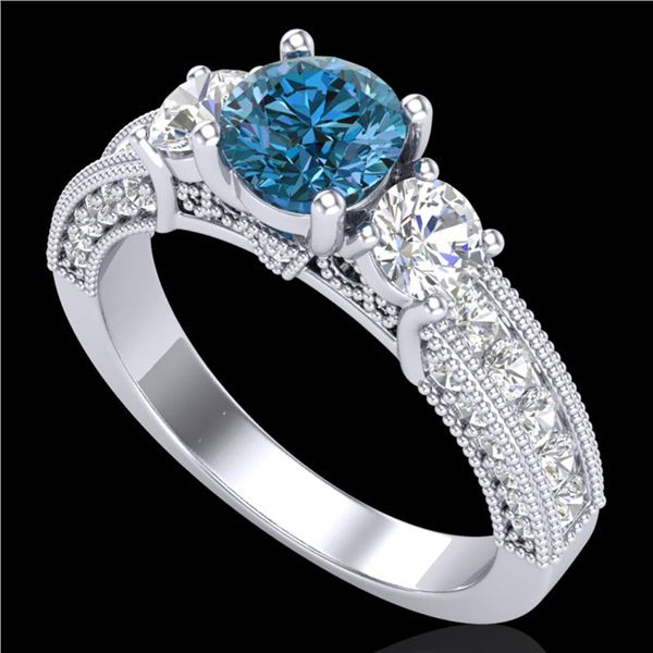 2.07 ctw Intense Blue Diamond Art Deco 3 Stone Ring 18k White Gold - REF-254N5F