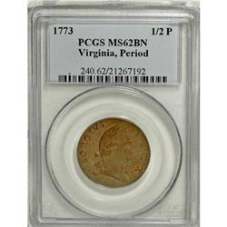 1773 1/2P Virginia Halfpenny, Period MS62 Brown