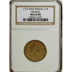 1773 Virginia Halfpenny, Period MS62 Brown NGC