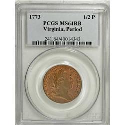 1773 Virginia Halfpenny, Period MS64 Red PCGS