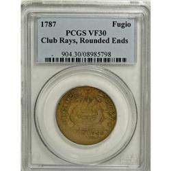 1787 1C Fugio Cent, Club Rays, Rounded Ends VF30