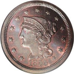 1855 1C Upright 5s MS67 Brown NGC