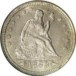 1853-O 25C Arrows and Rays AU58 NGC