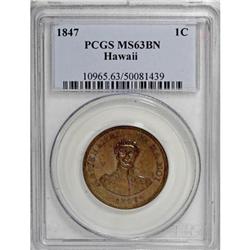 1847 1C Hawaii Cent MS63 Brown PCGS
