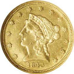 1843-C $2 1/2 Small Date, Crosslet 4 AU55 NGC