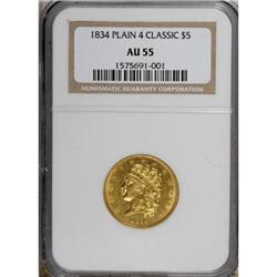 1834 $5 Plain 4 AU55 NGC