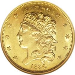 1834 $5 Plain 4 AU58 NGC