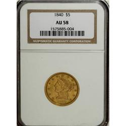 1840 $5 Broad Mill AU58 NGC