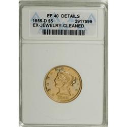 1855-D $5 Large D XF40 Details ANACS