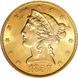 1857 $5 MS62 PCGS