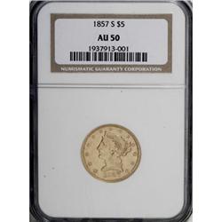 1857-S $5 AU50 NGC.