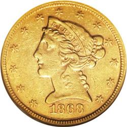 1868 $5 AU50 NGC