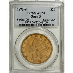 1873-S $20 Open 3 AU50 PCGS