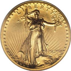 1907 $20 High Relief, Wire Rim Unc. Details NCS