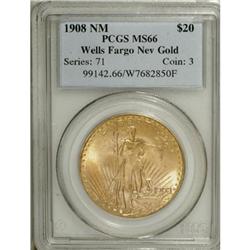 1908 $20 No Motto, Wells Fargo Nevada MS66 PCGS