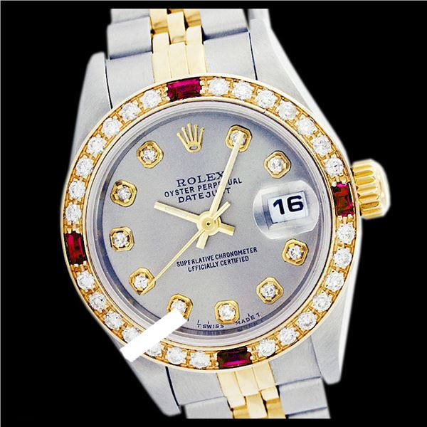 Rolex Ladies Two Tone 14K Gold/ss, Diam Dial & Diam/Ruby Bezel, Sapphire Crystal