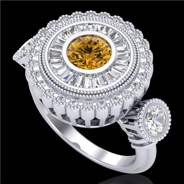 2.62 ctw Intense Fancy Yellow Diamond Art Deco Ring 18k White Gold - REF-290W9H