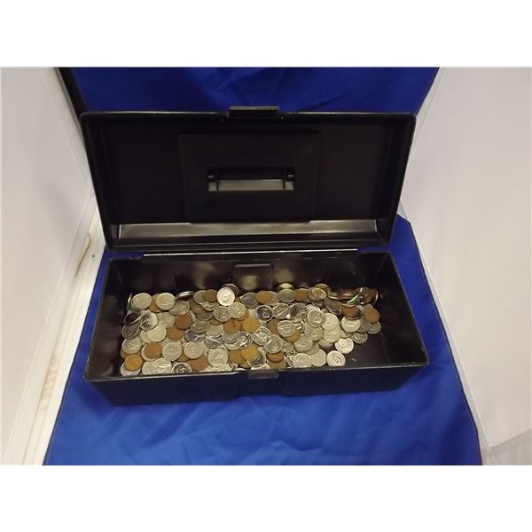 SMALL BLACK BOX FULL OF ASSORTED COIN CURRENCY