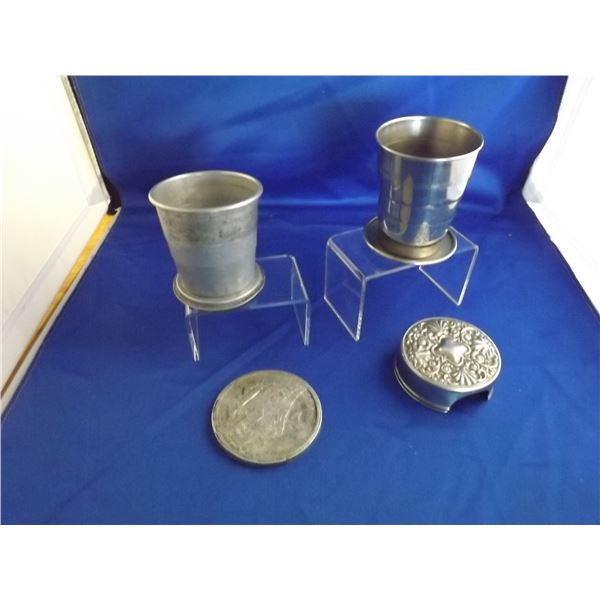 LOT OF 2 STAMPED LID MILITARY STYLE COLLAPSABLE CUPS;
