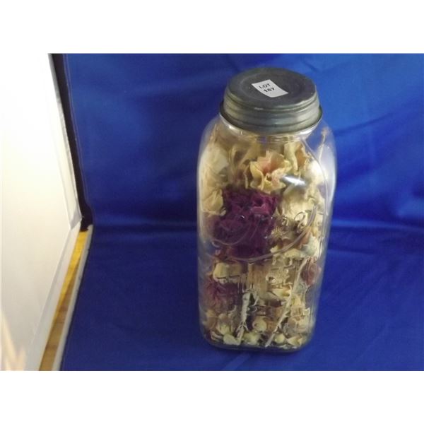 VINTAGE DREY SQUARE 1 QT MASON JAR W/ ZINC LIDS & DECORATIVE