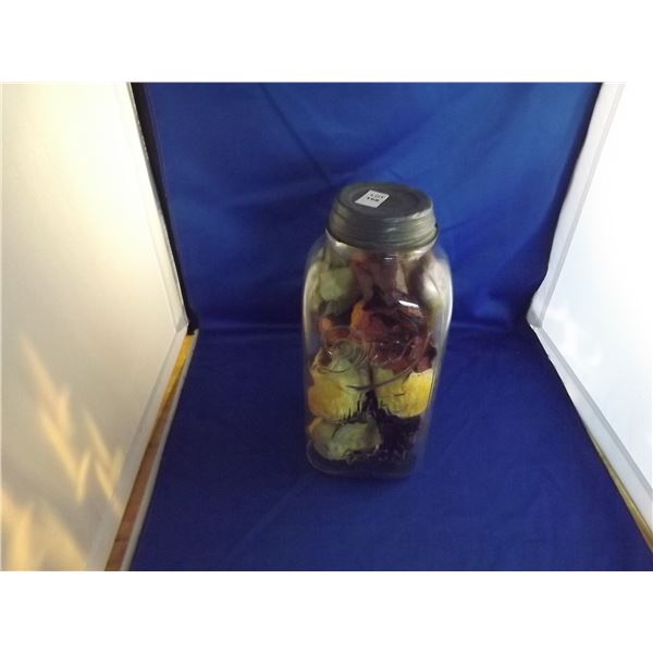 VINTAGE DREY SQUARE 1 QT MASON JAR W/ ZINC LIDS & DECORATIVE