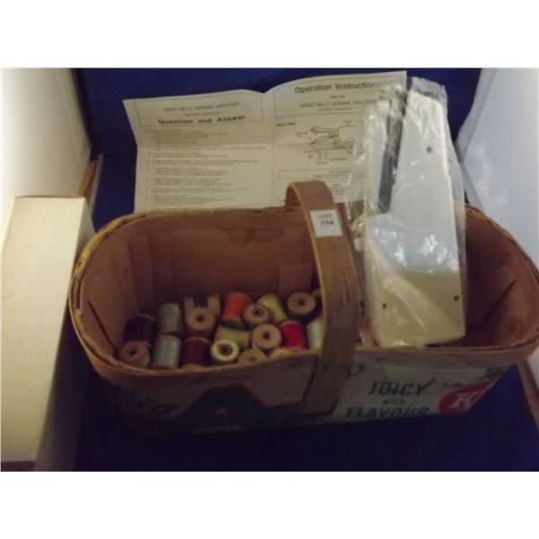 VINTAGE FRUIT BASKET OF WOODEN THREAD SPOOLS & HAND HELD