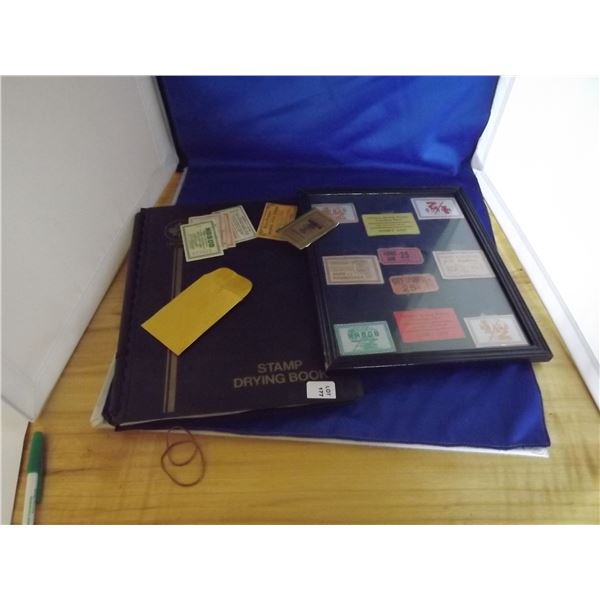 LOT OF ASSORTED EMPTY STAMP BINDERS, DRYING BOOKS & FRAMED TICKETS