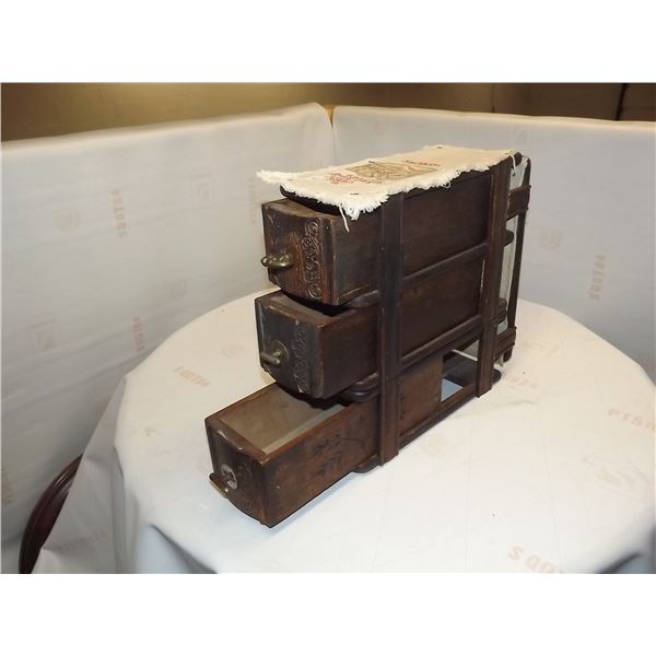 SMALL ANTIQUE 3 DRAWER ORNATE SEWING CABINET