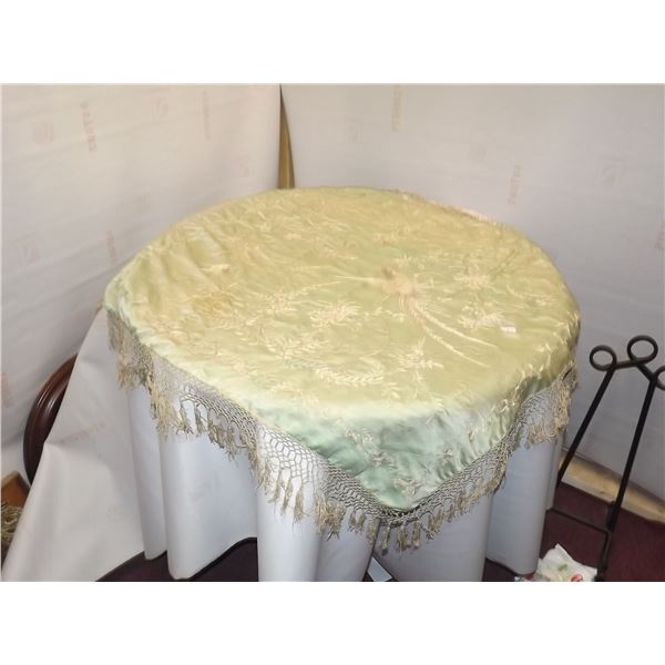 ANTIQUE PALE GREEN SILK EMROIDERED TAPESTRY; BIRD & FLORAL SCENE