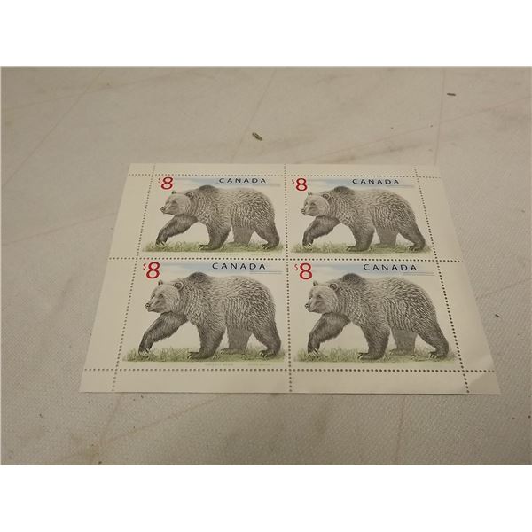 PLATE BLOCK OF 4 CANADIAN 8$ STAMPS GRIZZLY BEAR