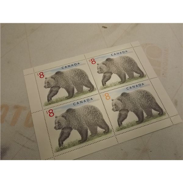 PLATE BLOCK OF 4 CANADIAN 8$ STAMPS GRIZZLY BEAR