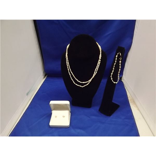 3 PIECE SET - FRESH WATER PEARL NECKLACE & BRACELET & EARRINGS