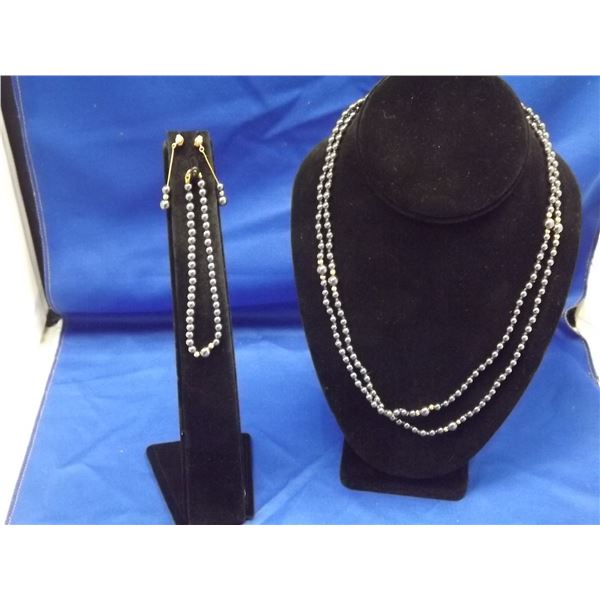 3 PIECE SET - BLACK PEARL HIGH POLISH WITH GOLD BEADS - NECKLACE, EARRINGS AND BRACELET