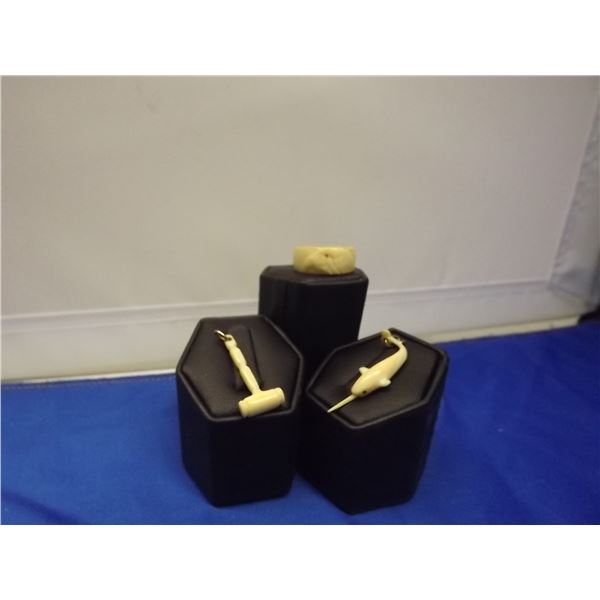 3 PIECE BONE CARVED SET: EAGLE RING, NARWAHL PENDANT, GAVEL PENDANT