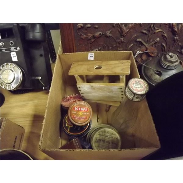1 BOX OF TINS, BOTTLE  AND BUTTER STAMP