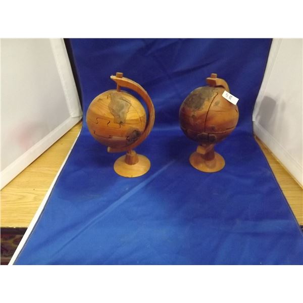 2 WOODEN PUZZLE GLOBES ON STAND