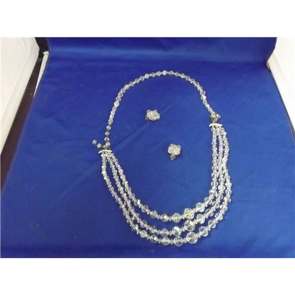 4 STRAND NEACKLACE IRIDESCENT GLASS BEADS AND MATCHING CLIP ON EARINGS