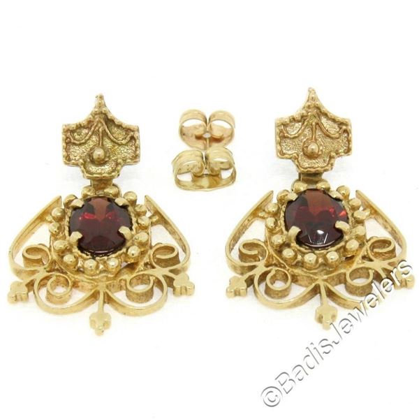 Vintage Victorian Revival 14K Yellow Gold 2.8 ctw Oval Garnet Open Dangle Earrin