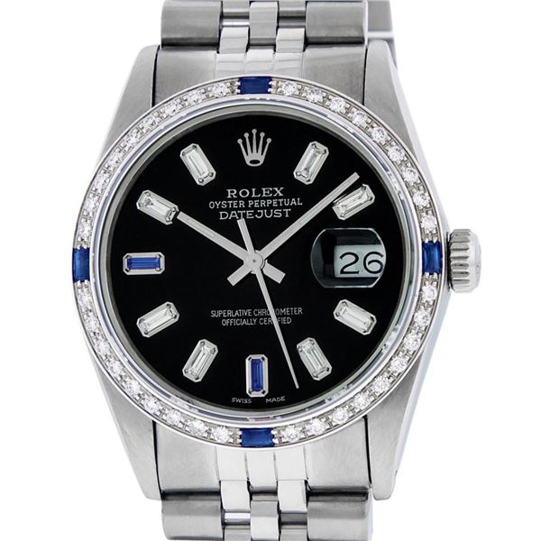 Rolex Mens Stainless Steel Black Baguette Diamond Dial & Sapphire Datejust Wrist