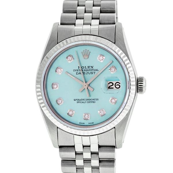 Rolex Mens Stainless Steel Ice Blue Diamond 36MM Datejust Wristwatch