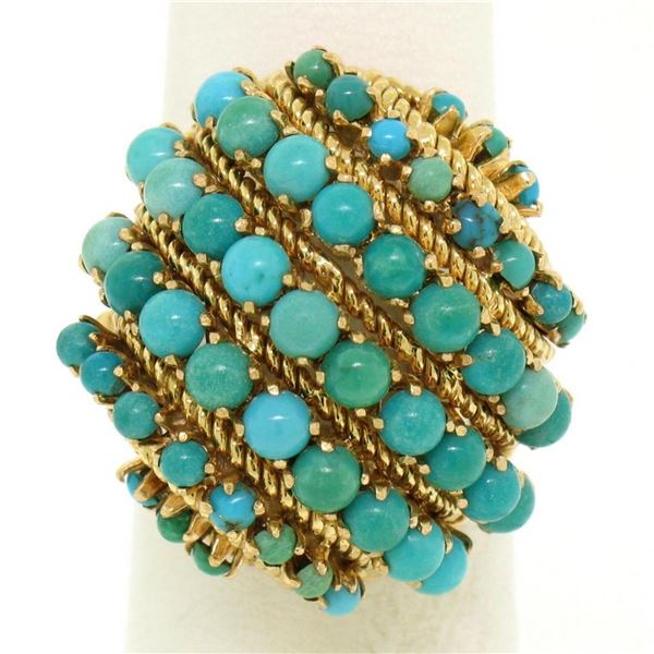 Vintage Large 18k Yellow Gold 50 Natural Round Turquoise Wire Dome Cocktail Ring