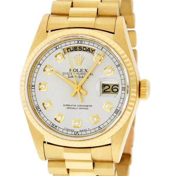 Rolex Mens 18K Yellow Gold Silver Diamond Quickset President Wristwatch With Rol