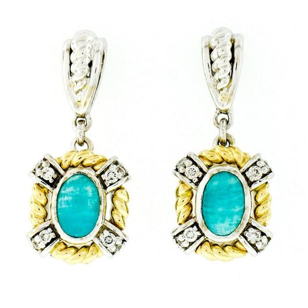 14kt Two Tone Gold Oval Amazonite & 0.16 ctw Diamond Drop Dangle Earrings